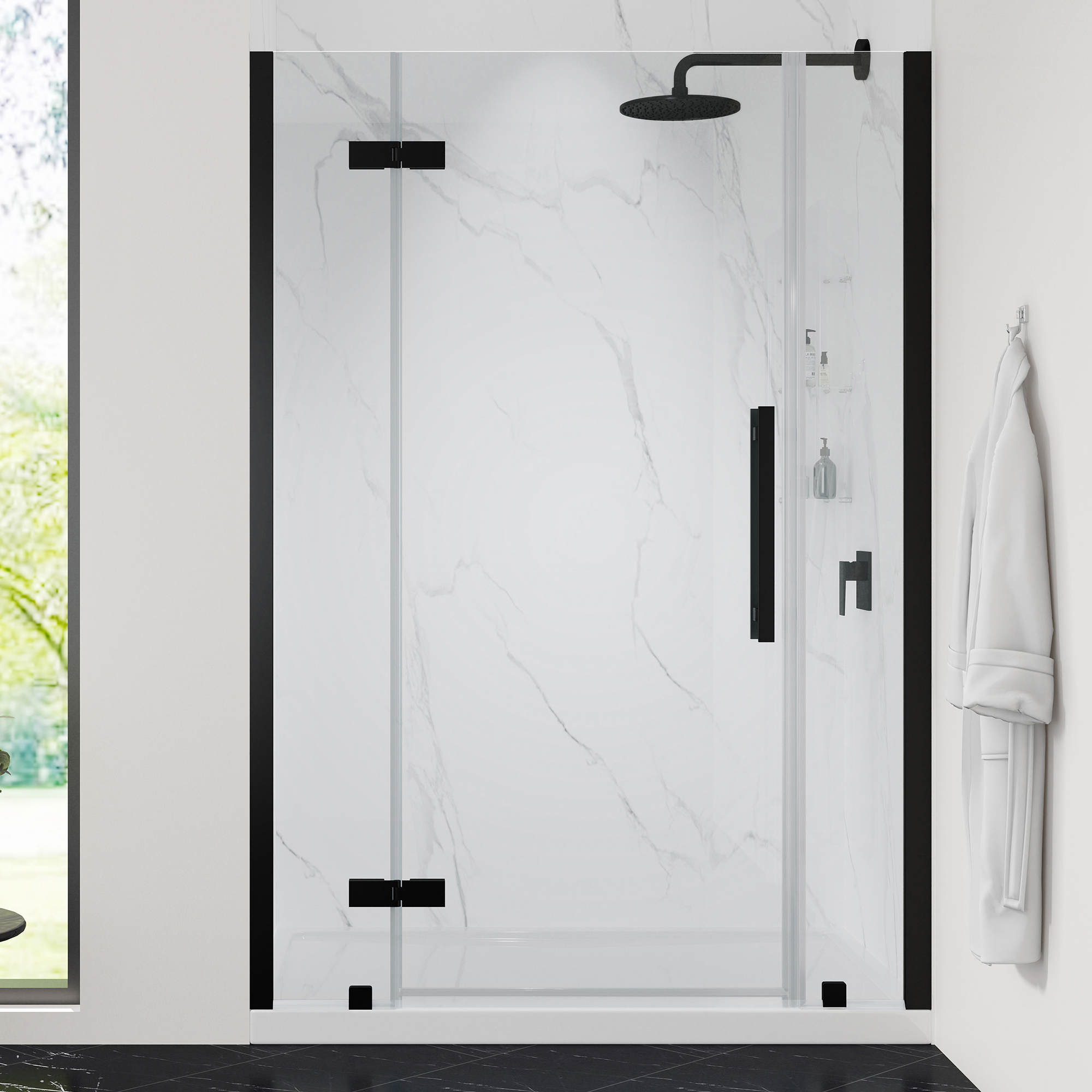 Ove Decors Tampa 48 in. L x 32 in. W x 72 in. H Alcove Shower Kit with Pivot Frameless Shower Door in Black and Shower Pan